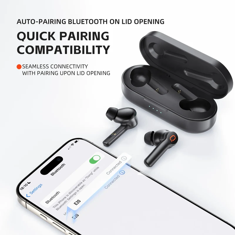 QERE E20 Wireless Headphones, TWS Bluetooth 5.3,HD Microphone,HIFI Earphones,13mm Driver,68Ms Low Latency,4 Mics, ENC Call, New