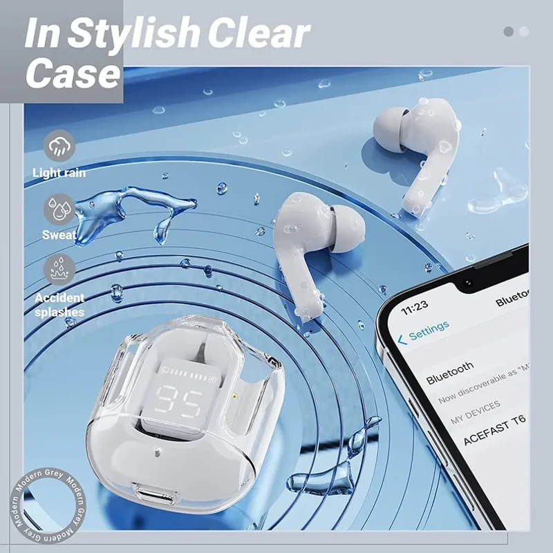 Bluetooth 5.3 Wireless Headset Transparent Headphones LED Power Digital Display Stereo Sound Earphones for Sports Working