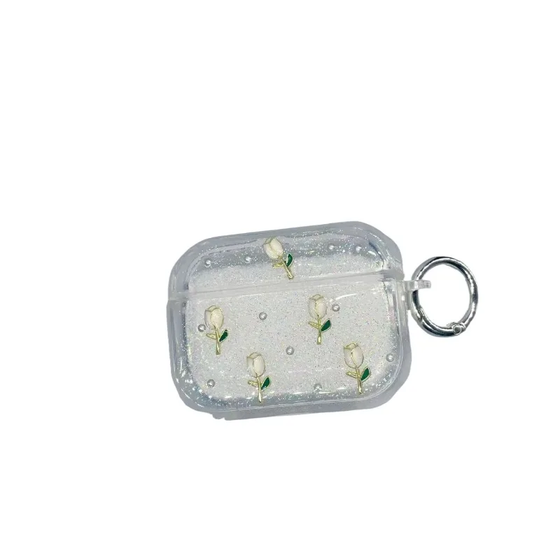 Shining tulip earphone case protective cover, cute flower transparent protective cover with keychain, shiny and soft TPU shell