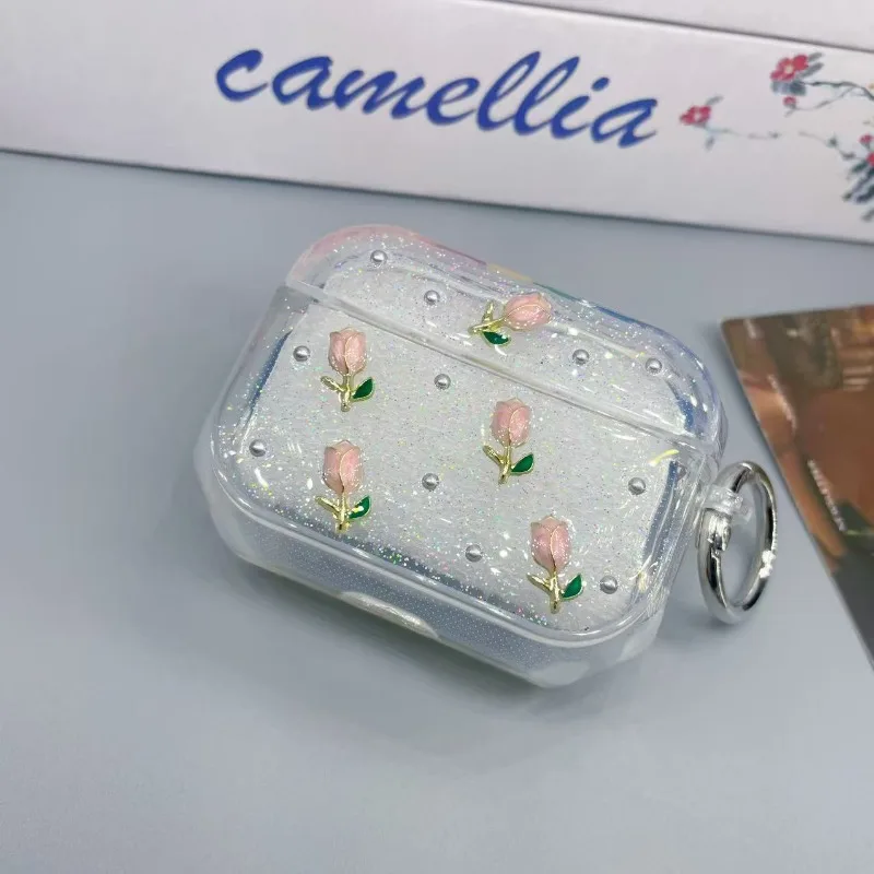 Shining tulip earphone case protective cover, cute flower transparent protective cover with keychain, shiny and soft TPU shell