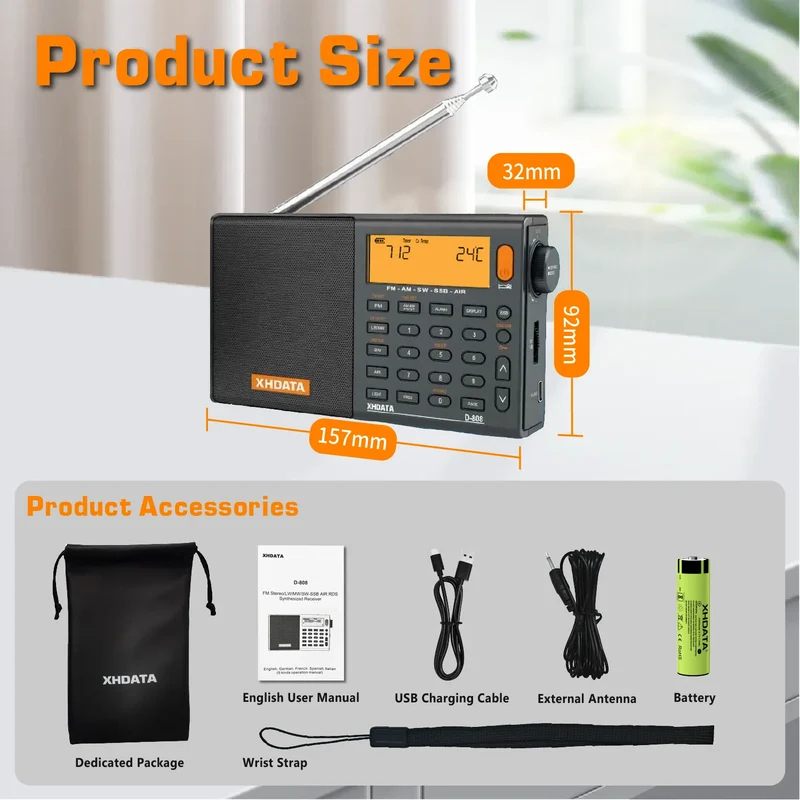 XHDATA D-808 Portable Radio AM/FM/SW/MW/LW SSB AIR RDS Radio Speaker with LCD Display Alarm Clock Stereo Radio D808