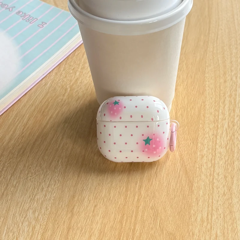Full-Screen Pink Polka Dot Strawberry Pattern Glossy White Earphone Case with Pink Ring Cover for AirPods 1 2 3 4 Pro 2 Pro 3