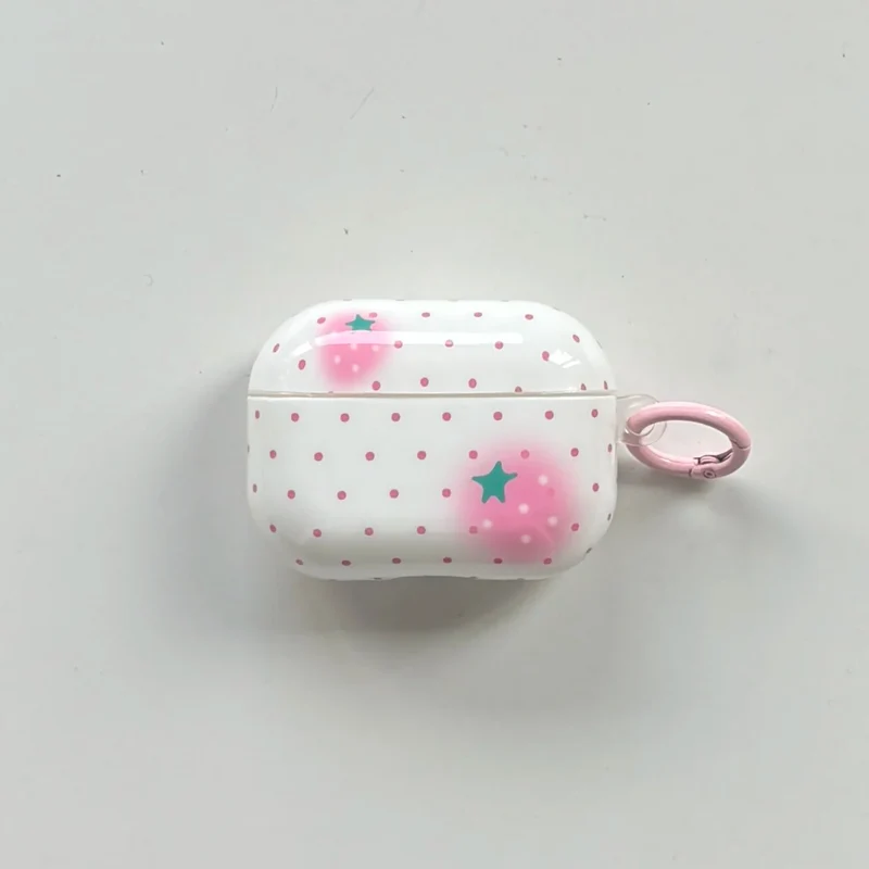 Full-Screen Pink Polka Dot Strawberry Pattern Glossy White Earphone Case with Pink Ring Cover for AirPods 1 2 3 4 Pro 2 Pro 3