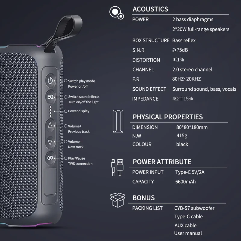 2026 New Arrivals Cyboris S7 Stereo 2.0 IPX7 Waterproof Action 40W Cylinder Super Bass Mini Wireless Speaker for Computer