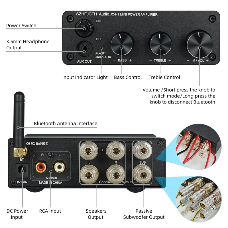 SZHFJCTH Audio JC-H1 Bluetooth 5.0 Stereo Audio Amplifier 2.0 Channel Receiver Class D Integrated Digital Amp