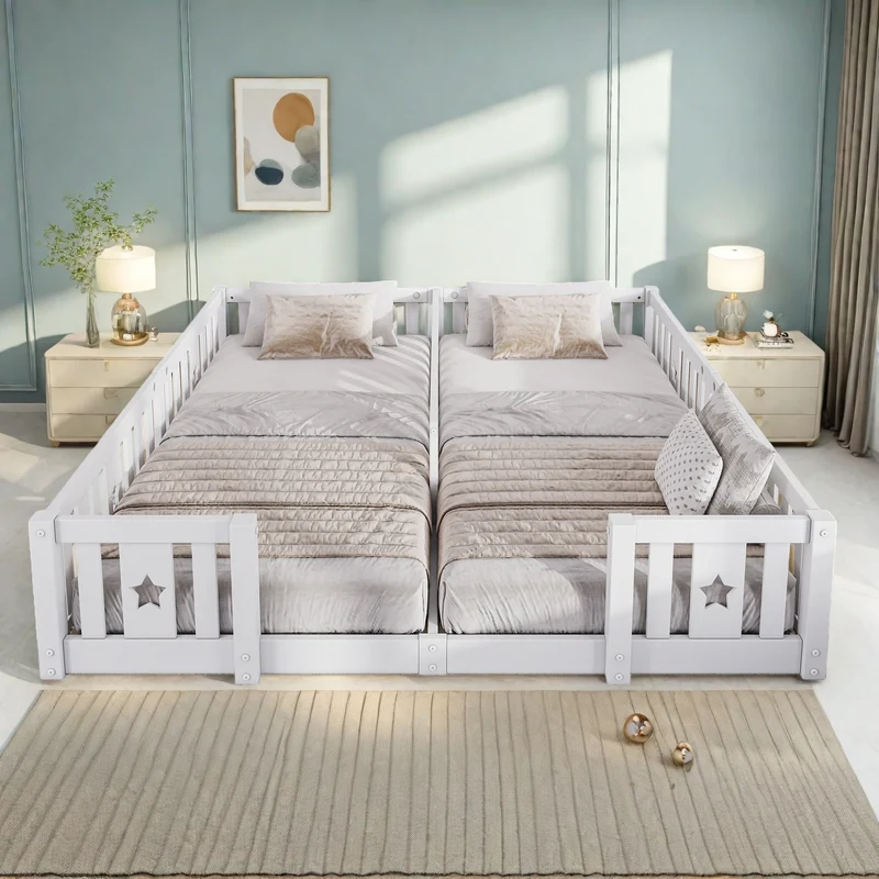 Rosahqnda Children's Bed Floor Bed 90x200cm with Railing Gate,Pine Wooden Bed for Families with 2 Children,Children's Twin Bed