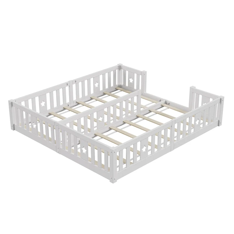 Rosahqnda Children's Bed Floor Bed 90x200cm with Railing Gate,Pine Wooden Bed for Families with 2 Children,Children's Twin Bed