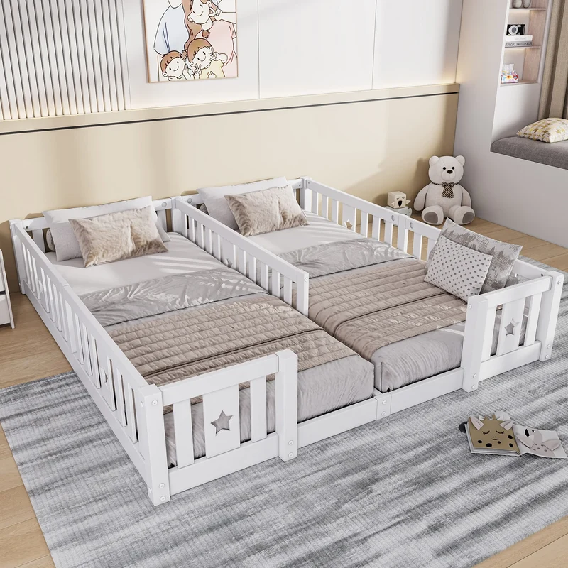 Rosahqnda Children's Bed Floor Bed 90x200cm with Railing Gate,Pine Wooden Bed for Families with 2 Children,Children's Twin Bed