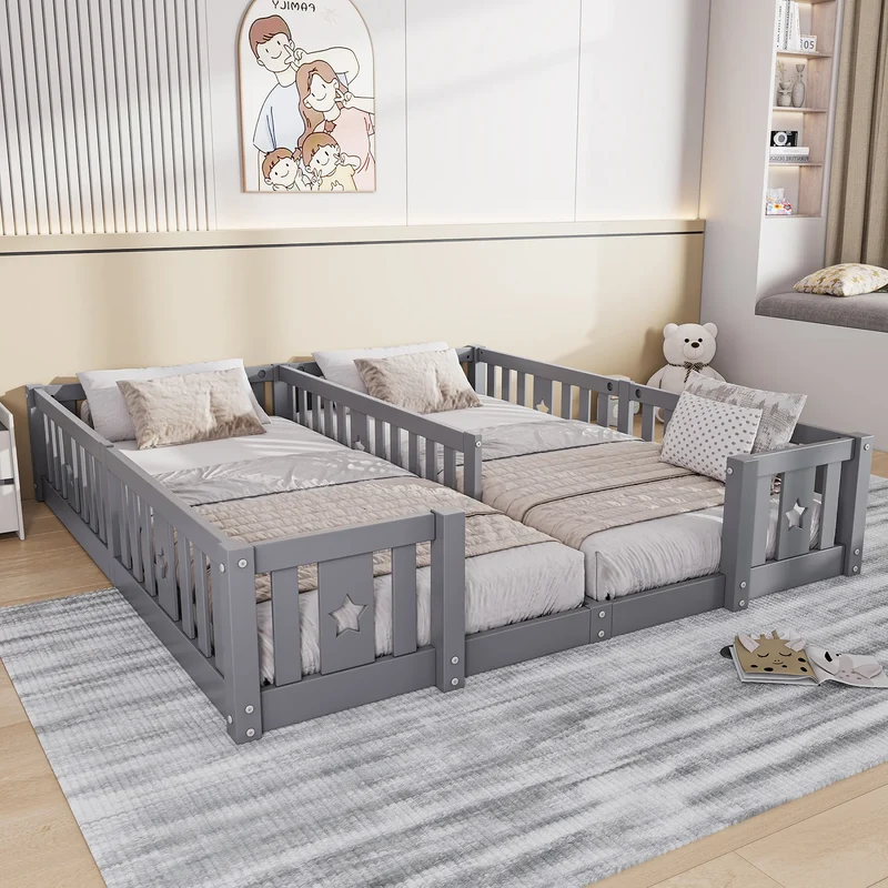 Rosahqnda Children's Bed Floor Bed 90x200cm with Railing Gate,Pine Wooden Bed for Families with 2 Children,Children's Twin Bed