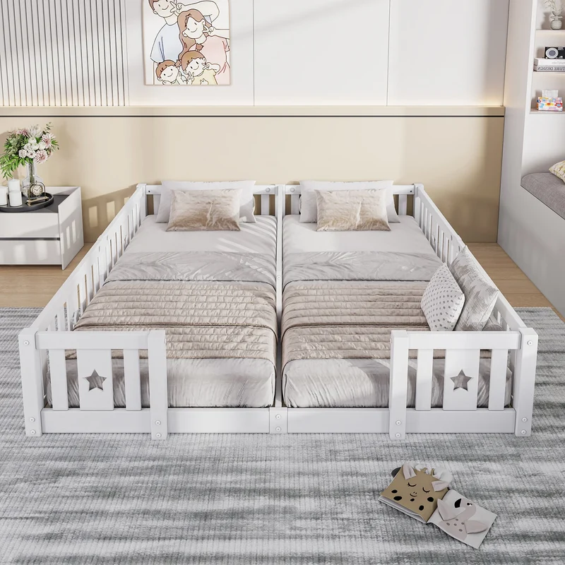Rosahqnda Children's Bed Floor Bed 90x200cm with Railing Gate,Pine Wooden Bed for Families with 2 Children,Children's Twin Bed