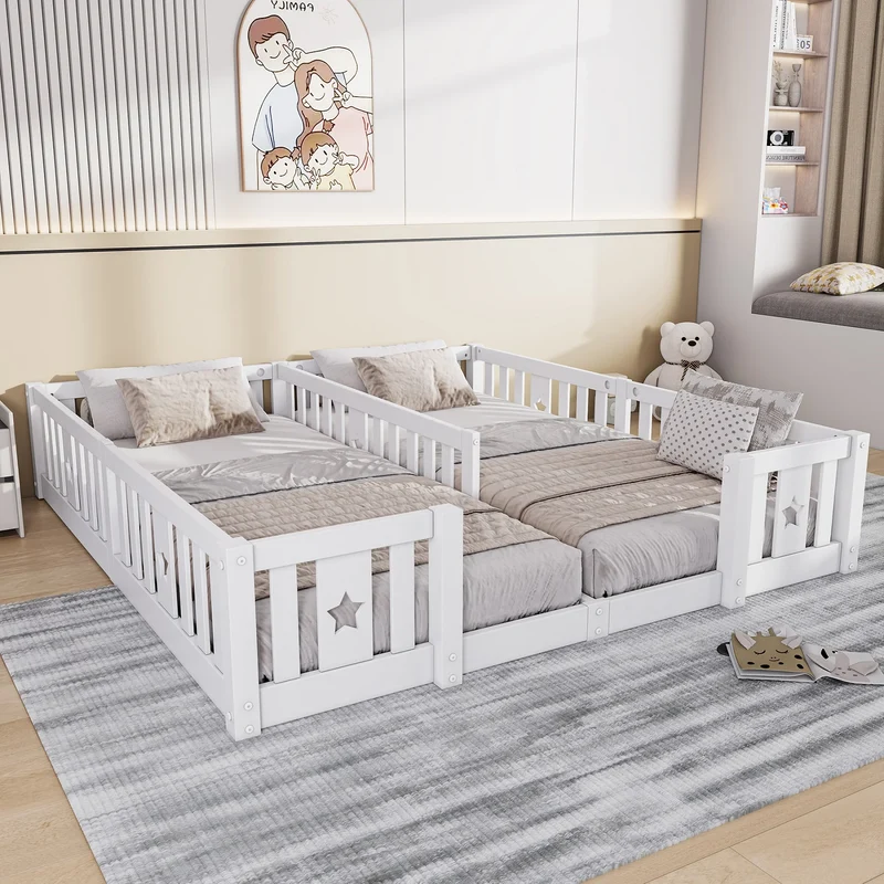 Rosahqnda Children's Bed Floor Bed 90x200cm with Railing Gate,Pine Wooden Bed for Families with 2 Children,Children's Twin Bed