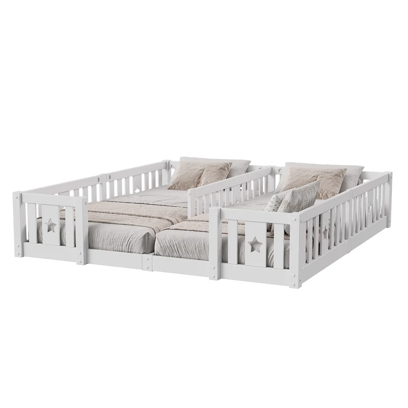 Rosahqnda Children's Bed Floor Bed 90x200cm with Railing Gate,Pine Wooden Bed for Families with 2 Children,Children's Twin Bed
