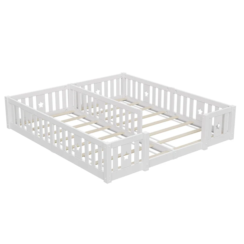Rosahqnda Children's Bed Floor Bed 90x200cm with Railing Gate,Pine Wooden Bed for Families with 2 Children,Children's Twin Bed
