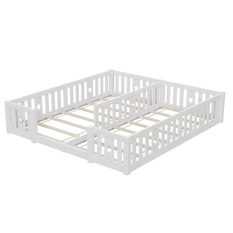 Rosahqnda Children's Bed Floor Bed 90x200cm with Railing Gate,Pine Wooden Bed for Families with 2 Children,Children's Twin Bed