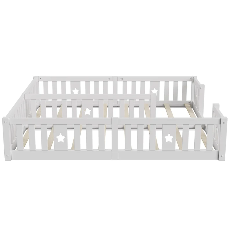 Rosahqnda Children's Bed Floor Bed 90x200cm with Railing Gate,Pine Wooden Bed for Families with 2 Children,Children's Twin Bed