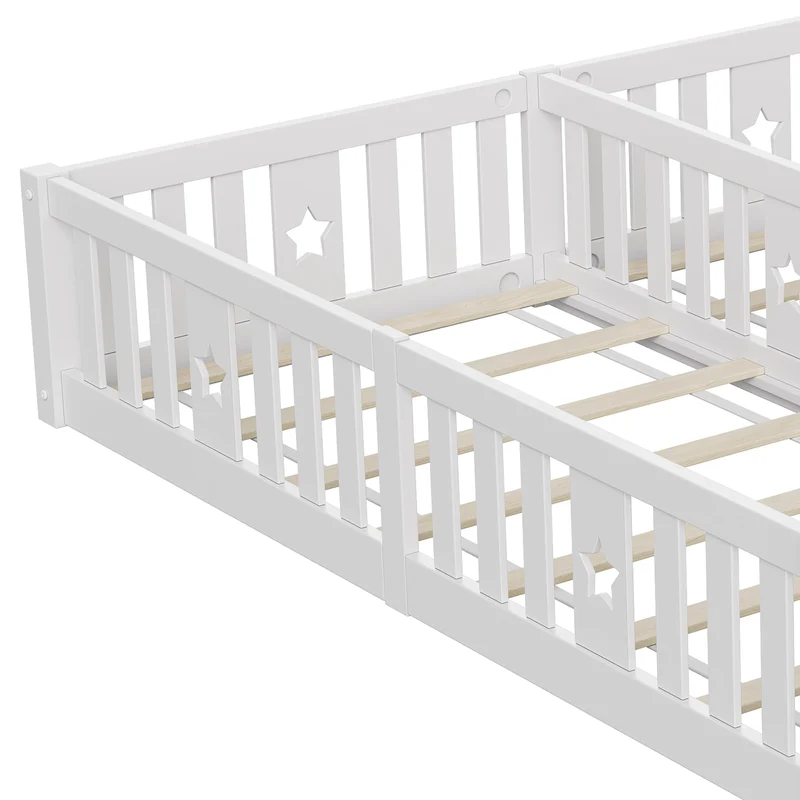 Rosahqnda Children's Bed Floor Bed 90x200cm with Railing Gate,Pine Wooden Bed for Families with 2 Children,Children's Twin Bed