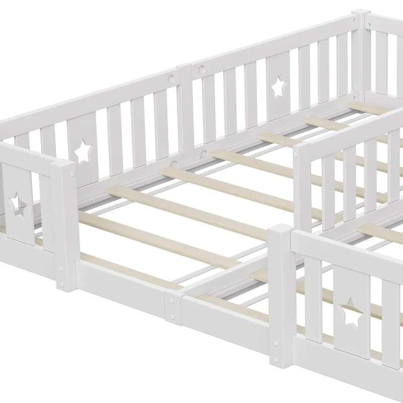 Rosahqnda Children's Bed Floor Bed 90x200cm with Railing Gate,Pine Wooden Bed for Families with 2 Children,Children's Twin Bed