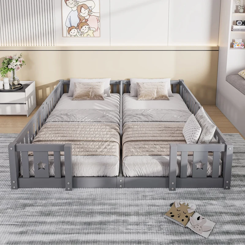 Rosahqnda Children's Bed Floor Bed 90x200cm with Railing Gate,Pine Wooden Bed for Families with 2 Children,Children's Twin Bed