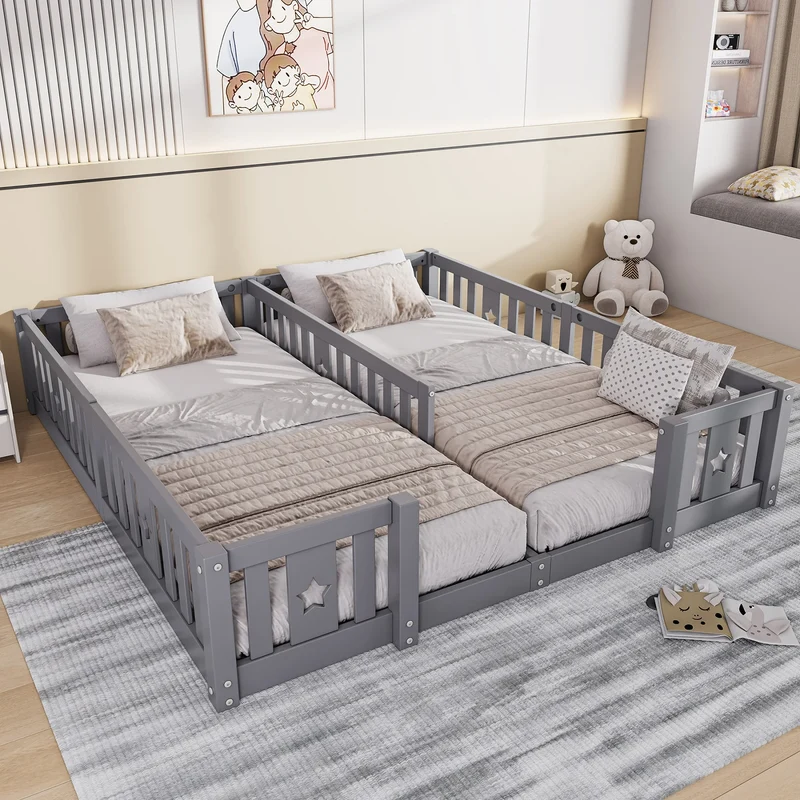 Rosahqnda Children's Bed Floor Bed 90x200cm with Railing Gate,Pine Wooden Bed for Families with 2 Children,Children's Twin Bed