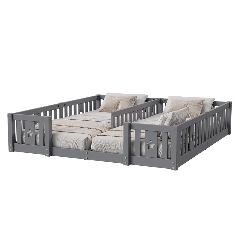 Rosahqnda Children's Bed Floor Bed 90x200cm with Railing Gate,Pine Wooden Bed for Families with 2 Children,Children's Twin Bed