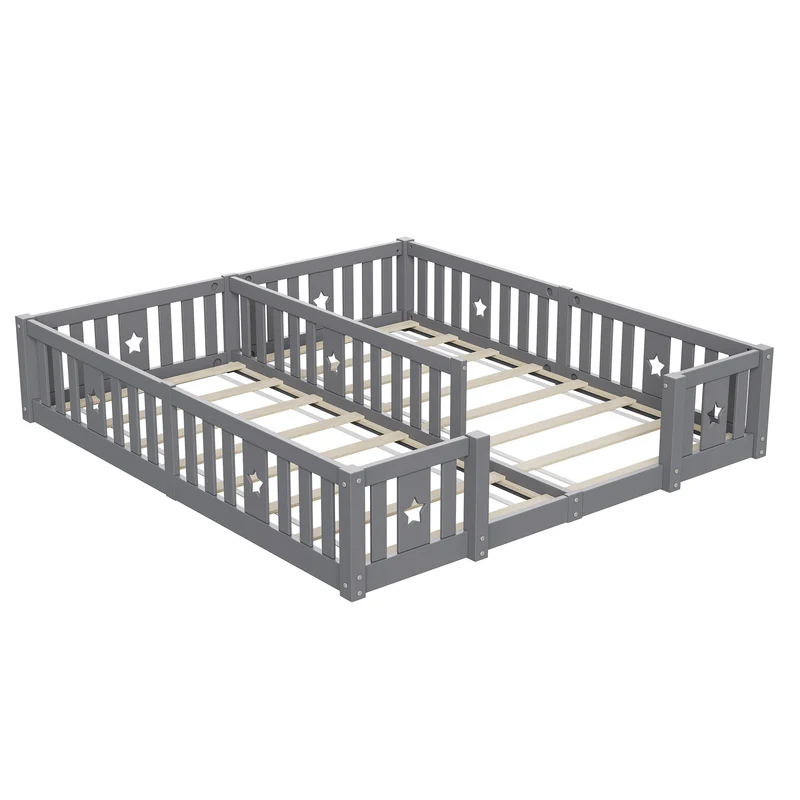 Rosahqnda Children's Bed Floor Bed 90x200cm with Railing Gate,Pine Wooden Bed for Families with 2 Children,Children's Twin Bed