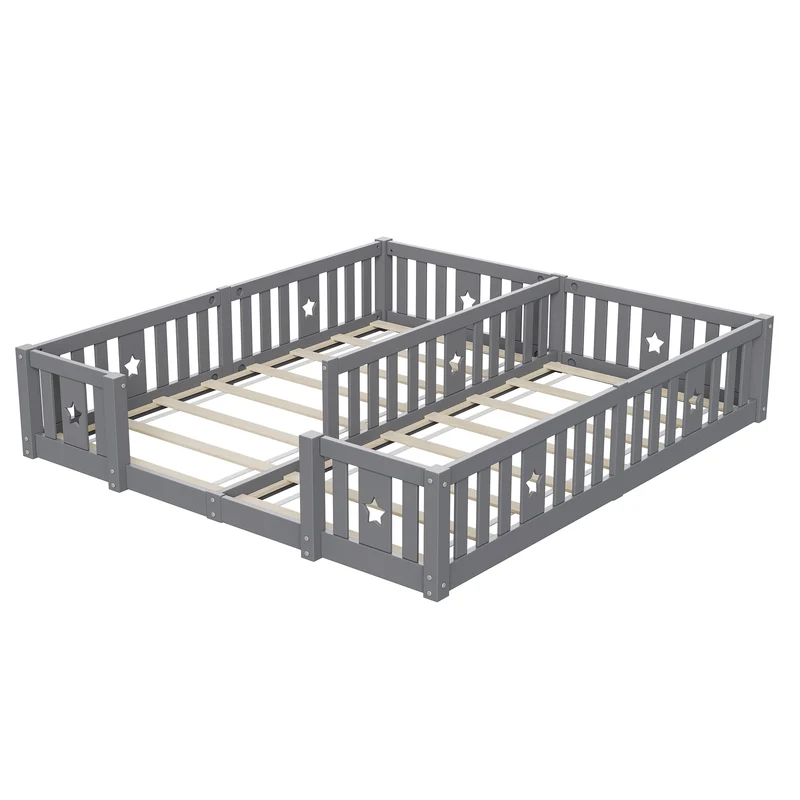 Rosahqnda Children's Bed Floor Bed 90x200cm with Railing Gate,Pine Wooden Bed for Families with 2 Children,Children's Twin Bed