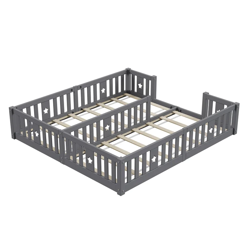 Rosahqnda Children's Bed Floor Bed 90x200cm with Railing Gate,Pine Wooden Bed for Families with 2 Children,Children's Twin Bed