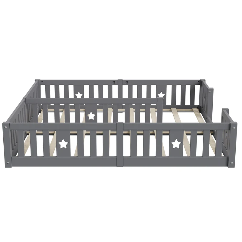 Rosahqnda Children's Bed Floor Bed 90x200cm with Railing Gate,Pine Wooden Bed for Families with 2 Children,Children's Twin Bed