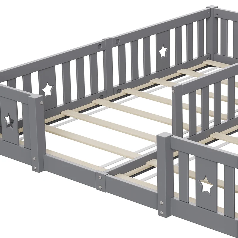 Rosahqnda Children's Bed Floor Bed 90x200cm with Railing Gate,Pine Wooden Bed for Families with 2 Children,Children's Twin Bed