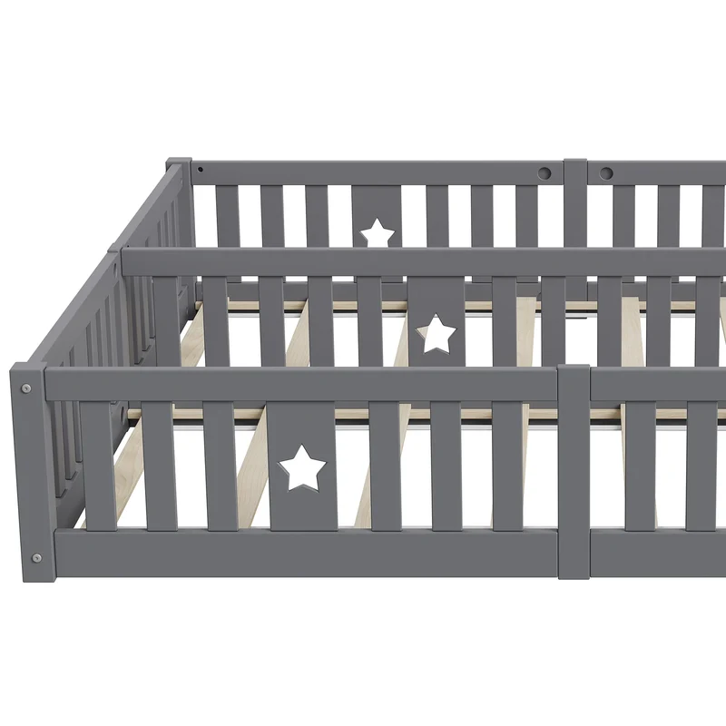 Rosahqnda Children's Bed Floor Bed 90x200cm with Railing Gate,Pine Wooden Bed for Families with 2 Children,Children's Twin Bed