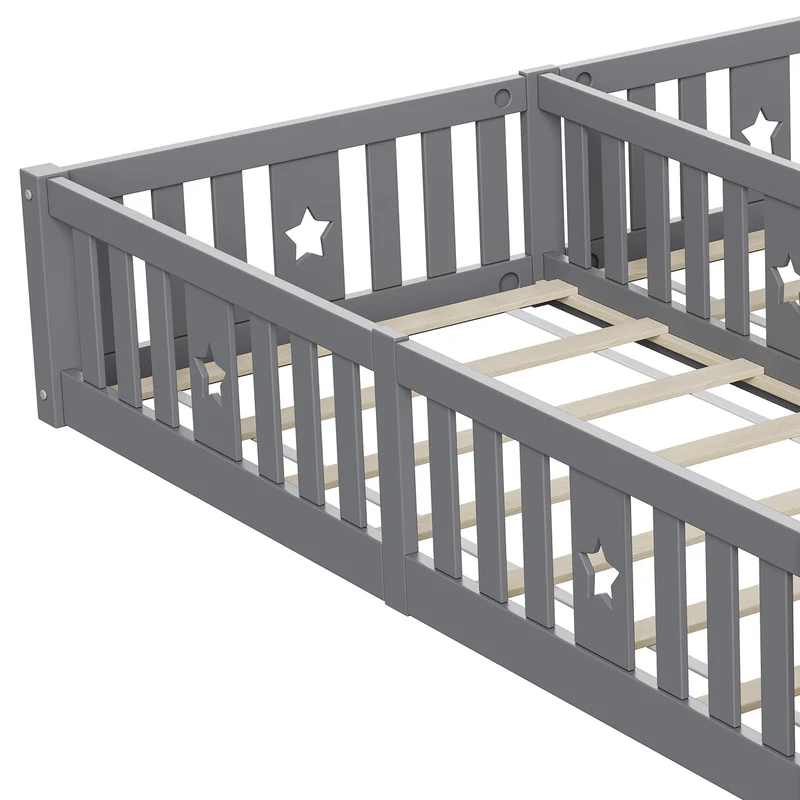 Rosahqnda Children's Bed Floor Bed 90x200cm with Railing Gate,Pine Wooden Bed for Families with 2 Children,Children's Twin Bed