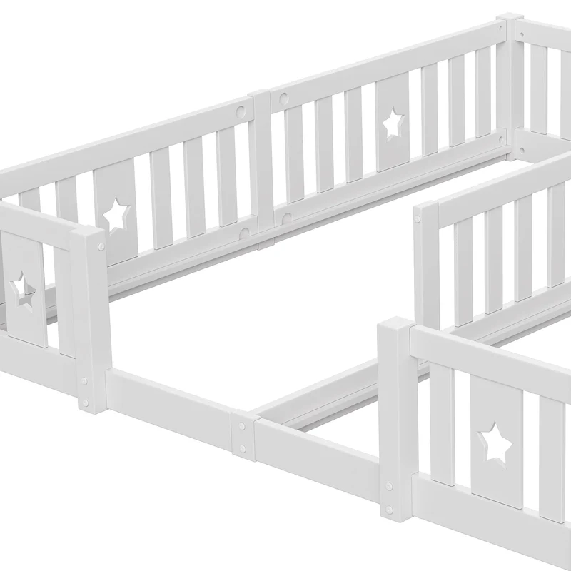 Rosahqnda Children's Bed Floor Bed 90x200cm with Railing Gate,Pine Wooden Bed for Families with 2 Children,Children's Twin Bed