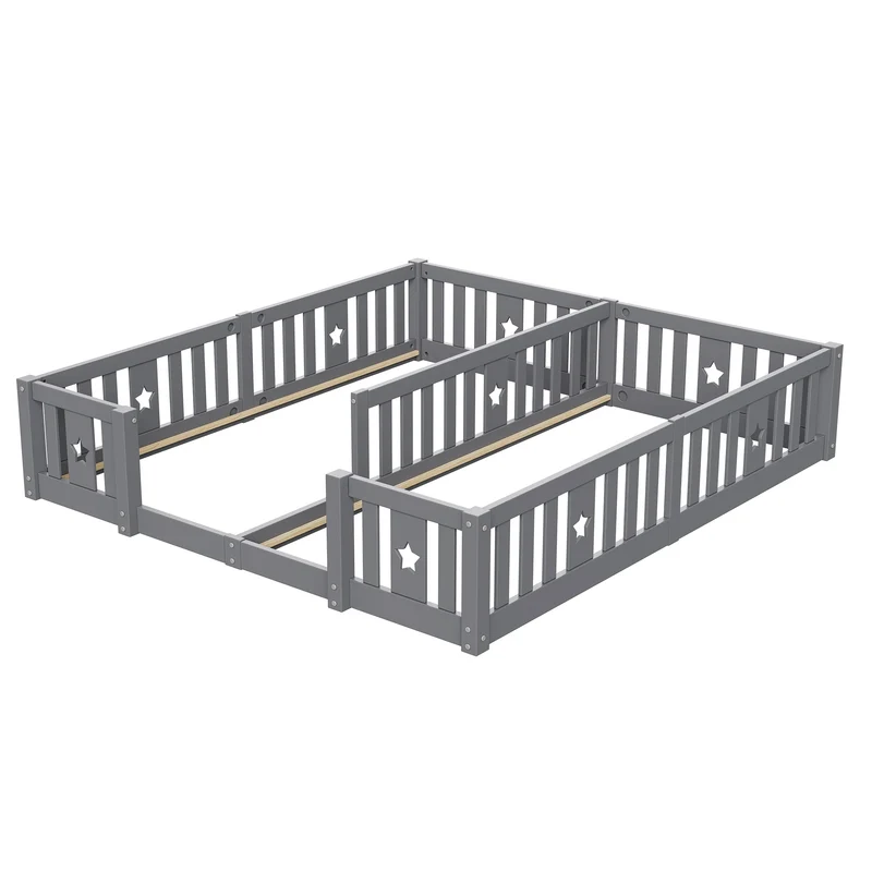 Rosahqnda Children's Bed Floor Bed 90x200cm with Railing Gate,Pine Wooden Bed for Families with 2 Children,Children's Twin Bed