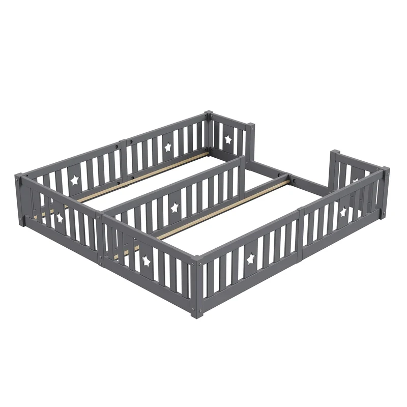 Rosahqnda Children's Bed Floor Bed 90x200cm with Railing Gate,Pine Wooden Bed for Families with 2 Children,Children's Twin Bed