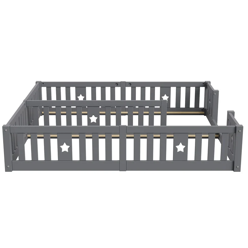Rosahqnda Children's Bed Floor Bed 90x200cm with Railing Gate,Pine Wooden Bed for Families with 2 Children,Children's Twin Bed