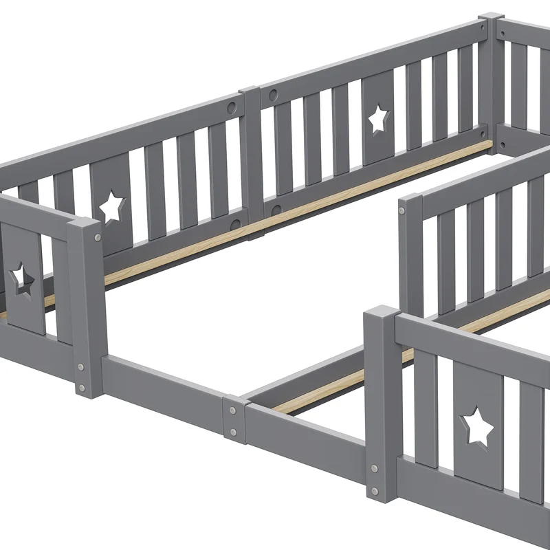 Rosahqnda Children's Bed Floor Bed 90x200cm with Railing Gate,Pine Wooden Bed for Families with 2 Children,Children's Twin Bed