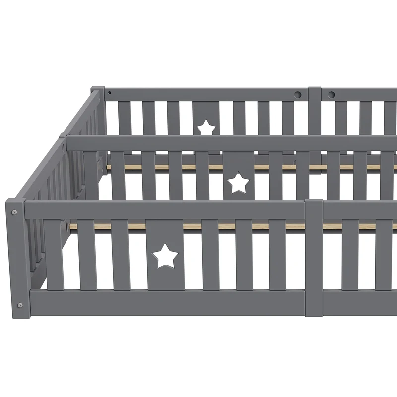 Rosahqnda Children's Bed Floor Bed 90x200cm with Railing Gate,Pine Wooden Bed for Families with 2 Children,Children's Twin Bed