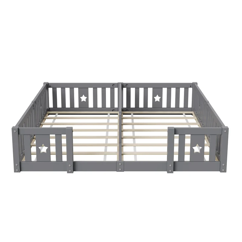 Rosahqnda Children's Bed Floor Bed 90x200cm with Railing Gate,Pine Wooden Bed for Families with 2 Children,Children's Twin Bed