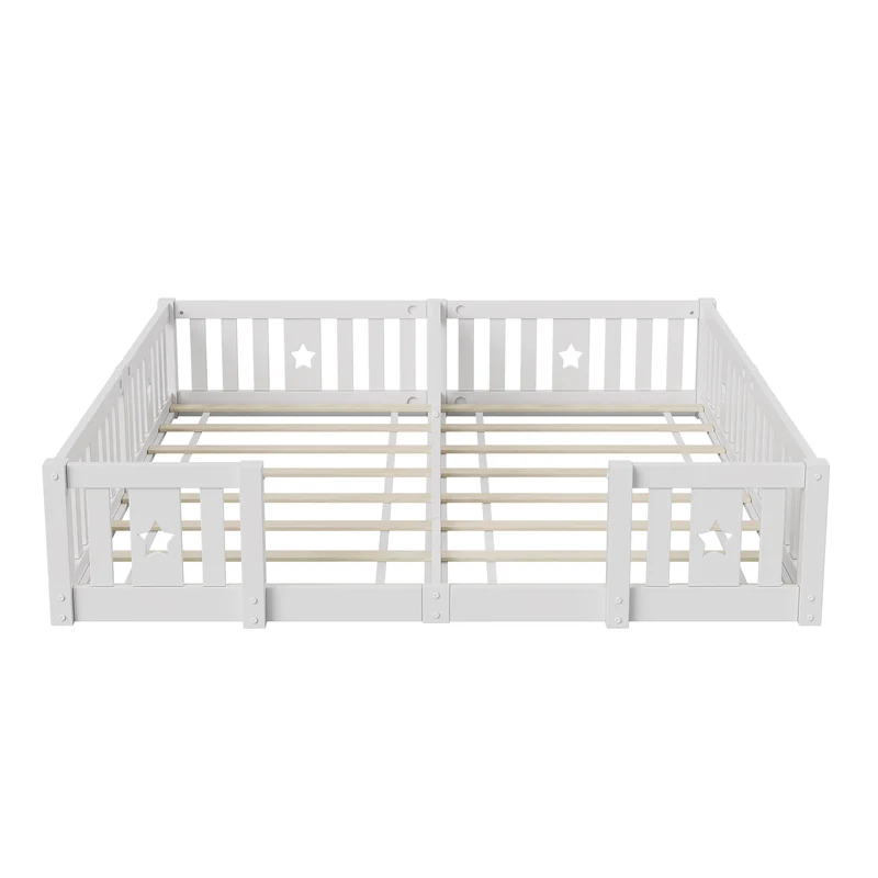 Rosahqnda Children's Bed Floor Bed 90x200cm with Railing Gate,Pine Wooden Bed for Families with 2 Children,Children's Twin Bed