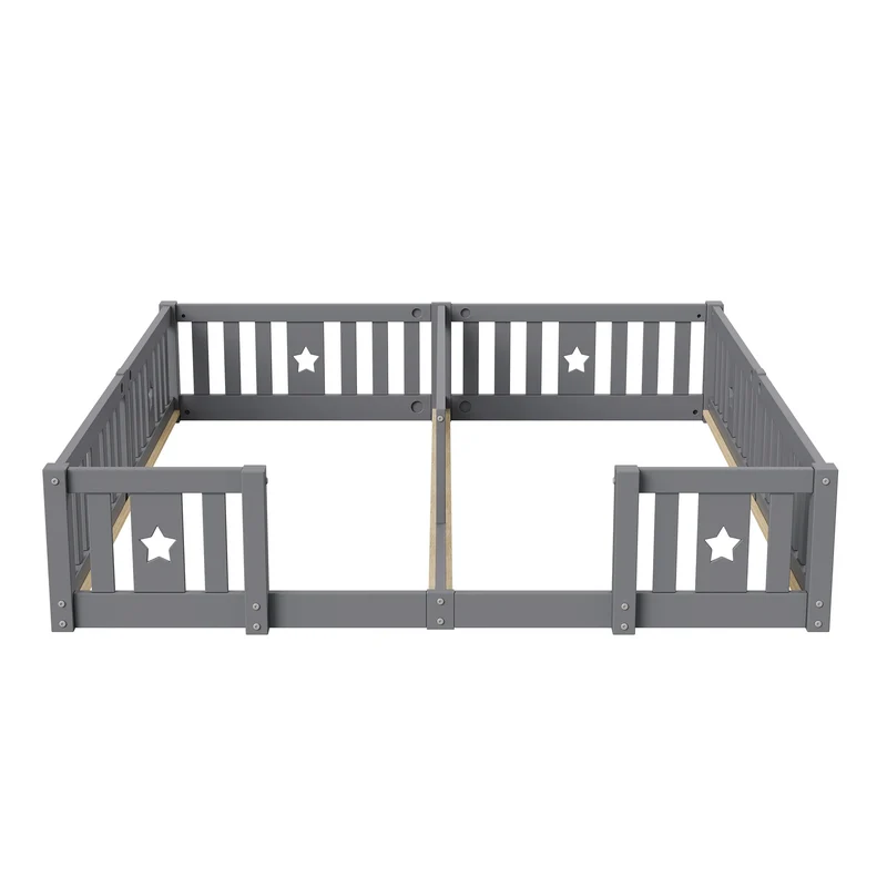Rosahqnda Children's Bed Floor Bed 90x200cm with Railing Gate,Pine Wooden Bed for Families with 2 Children,Children's Twin Bed