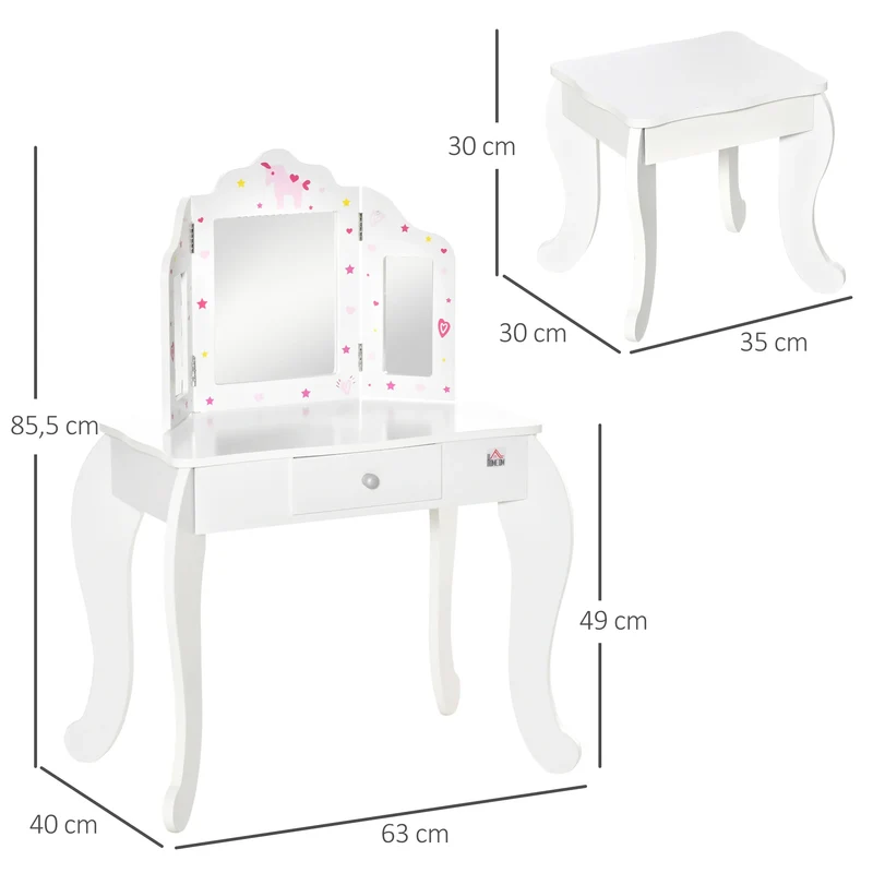 Homcom Wooden Children's Dressing Table with Mirror Stool Drawer Makeup Table Pink