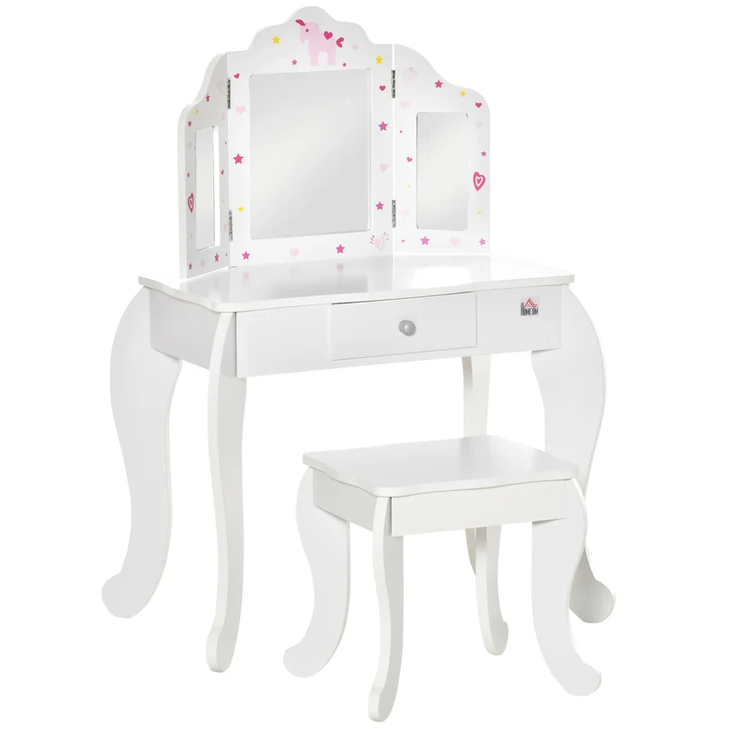 Homcom Wooden Children's Dressing Table with Mirror Stool Drawer Makeup Table Pink