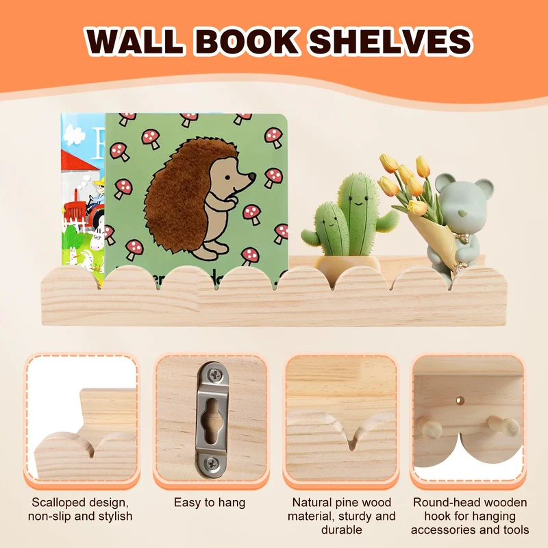 3pcs Children's Bookcases Bookshelf 40cm Wall Shelves Hanging Floating Montessori Shelf for Kid's Books Toys