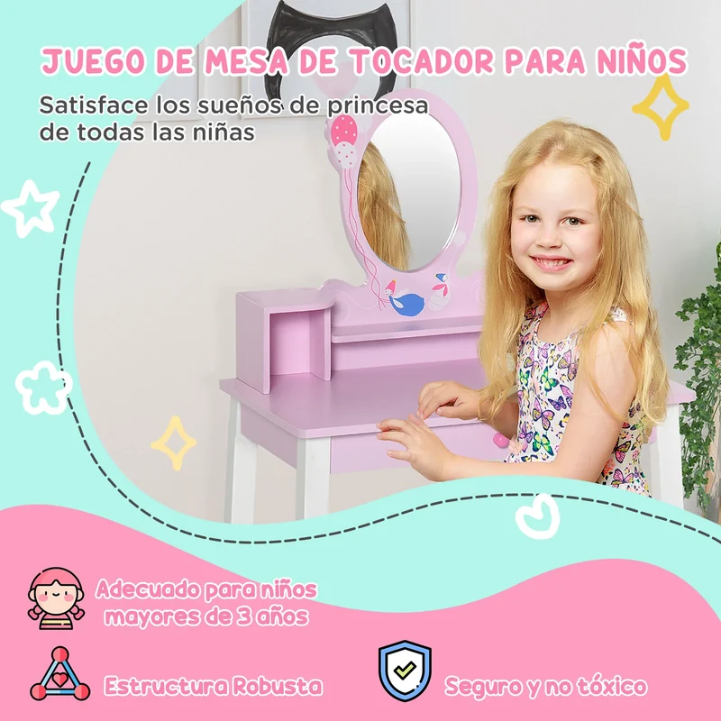 Homcom Children's Dressing Table with Stool and Mirror Princess Style Pink Wooden Makeup Table Toy for Girls 60X34X93 cm