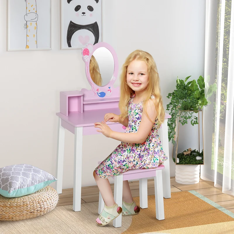 Homcom Children's Dressing Table with Stool and Mirror Princess Style Pink Wooden Makeup Table Toy for Girls 60X34X93 cm
