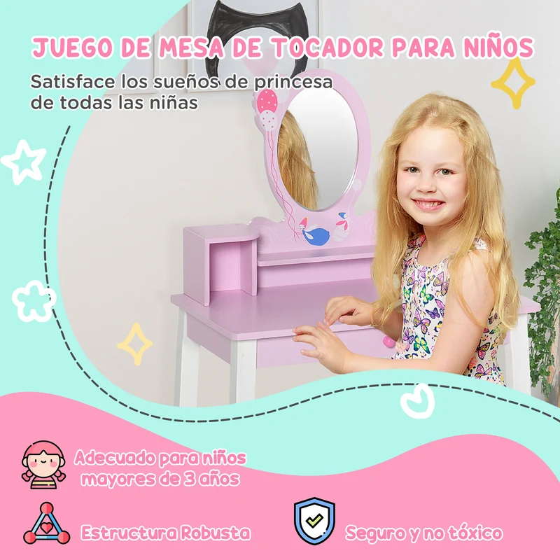 Homcom Children's Dressing Table with Stool and Mirror Princess Style Pink Wooden Makeup Table Toy for Girls 60X34X93 cm