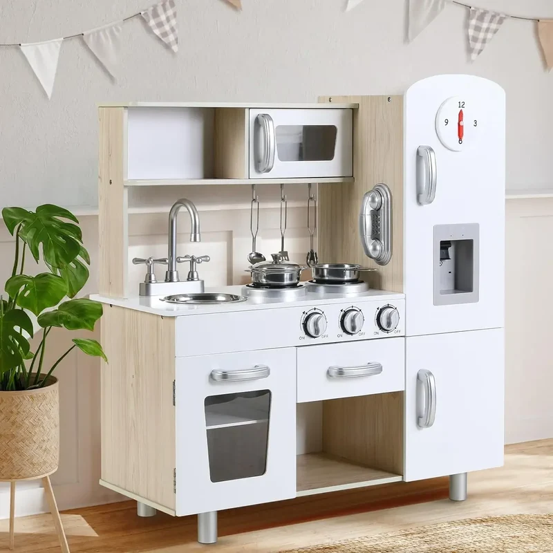 Wooden Play Kitchen Set Pretend Play Kitchen with Lights and Sounds for Kids Ages 3+, Includes Stove Oven Microwave Coffee Maker