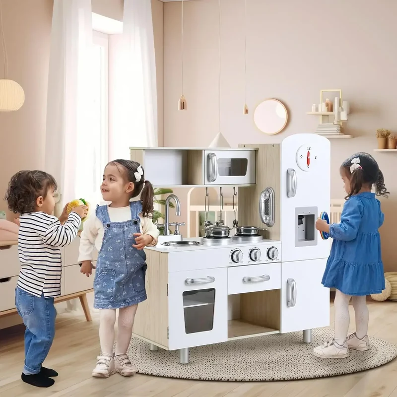 Wooden Play Kitchen Set Pretend Play Kitchen with Lights and Sounds for Kids Ages 3+, Includes Stove Oven Microwave Coffee Maker