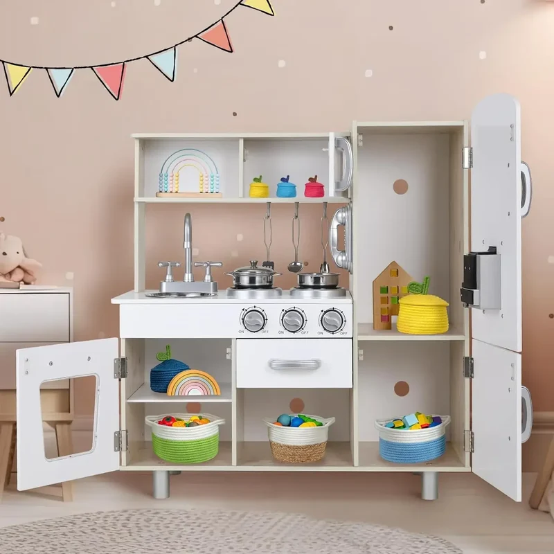 Wooden Play Kitchen Set Pretend Play Kitchen with Lights and Sounds for Kids Ages 3+, Includes Stove Oven Microwave Coffee Maker