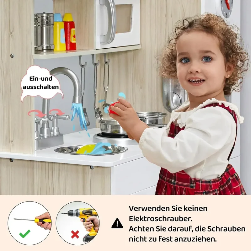Wooden Play Kitchen Set Pretend Play Kitchen with Lights and Sounds for Kids Ages 3+, Includes Stove Oven Microwave Coffee Maker